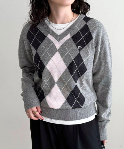 菱格紋嵌花V領針織衫