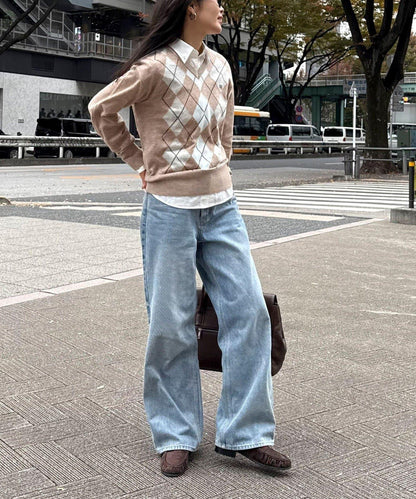 菱格紋嵌花V領針織衫