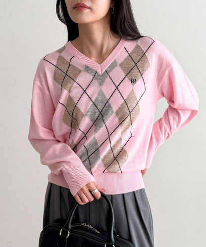 菱格紋嵌花V領針織衫