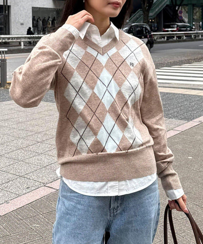 菱格紋嵌花V領針織衫