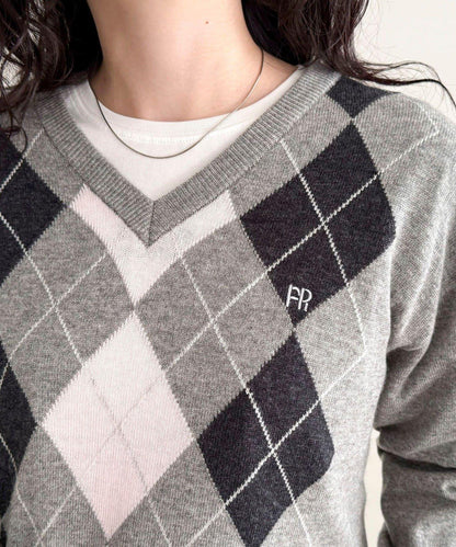 菱格紋嵌花V領針織衫