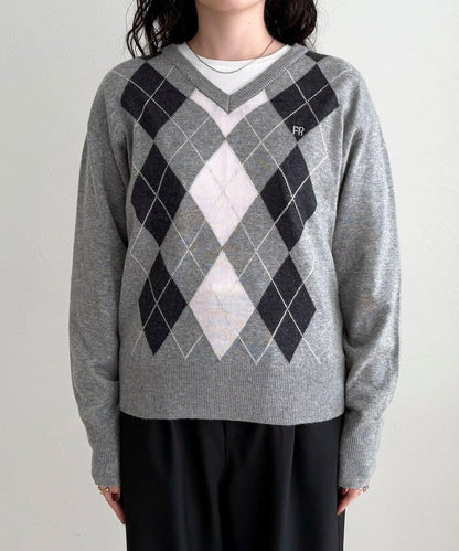 菱格紋嵌花V領針織衫