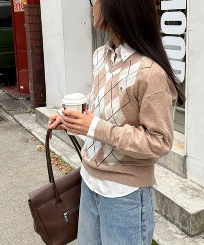 菱格紋嵌花V領針織衫