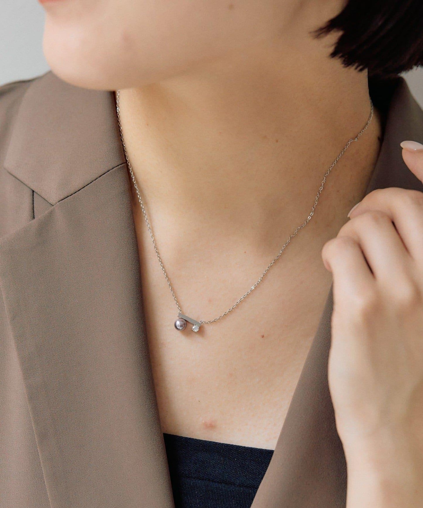 金屬過敏適用/不鏽鋼 珍珠×水晶項鍊