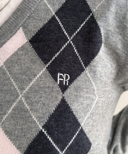 菱格紋嵌花V領針織衫