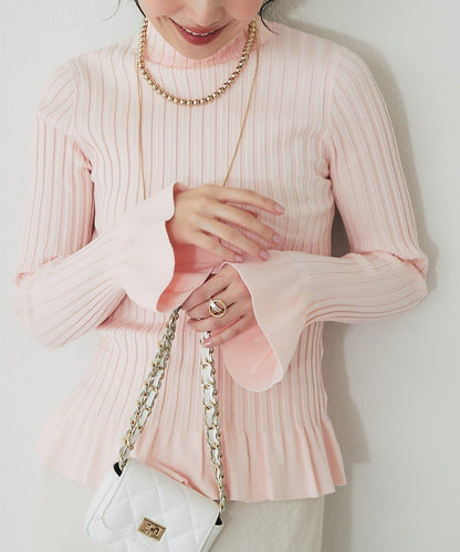 荷葉邊高領羅紋針織衫