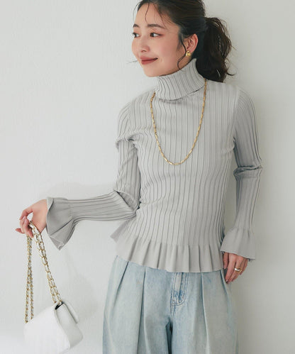 荷葉邊高領羅紋針織衫