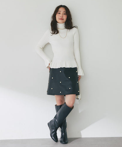 荷葉邊高領羅紋針織衫