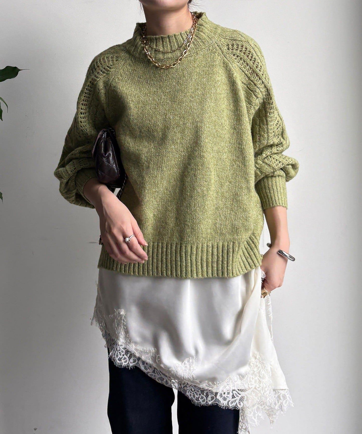 鏤空麻花拼接插肩套頭衫