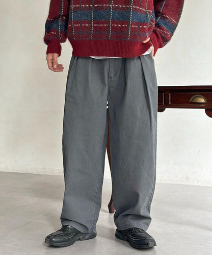 色素染斜紋寬鬆褶皺長褲