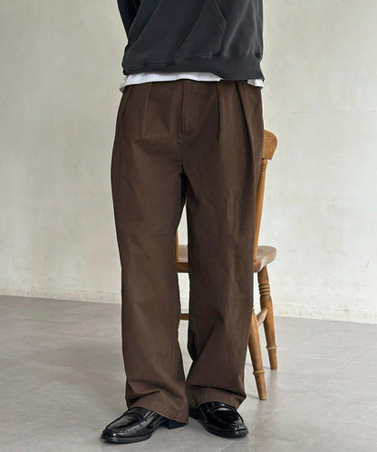 色素染斜紋寬鬆褶皺長褲