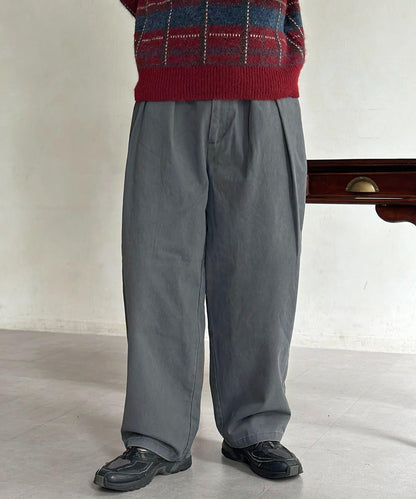 色素染斜紋寬鬆褶皺長褲