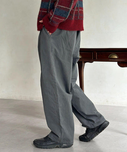色素染斜紋寬鬆褶皺長褲