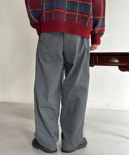 色素染斜紋寬鬆褶皺長褲