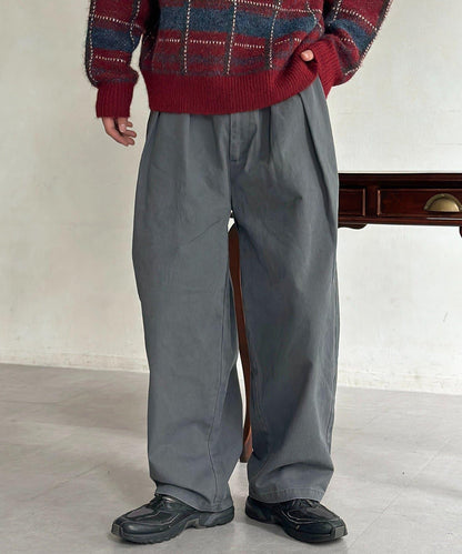 色素染斜紋寬鬆褶皺長褲