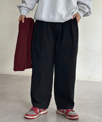 色素染斜紋寬鬆褶皺長褲