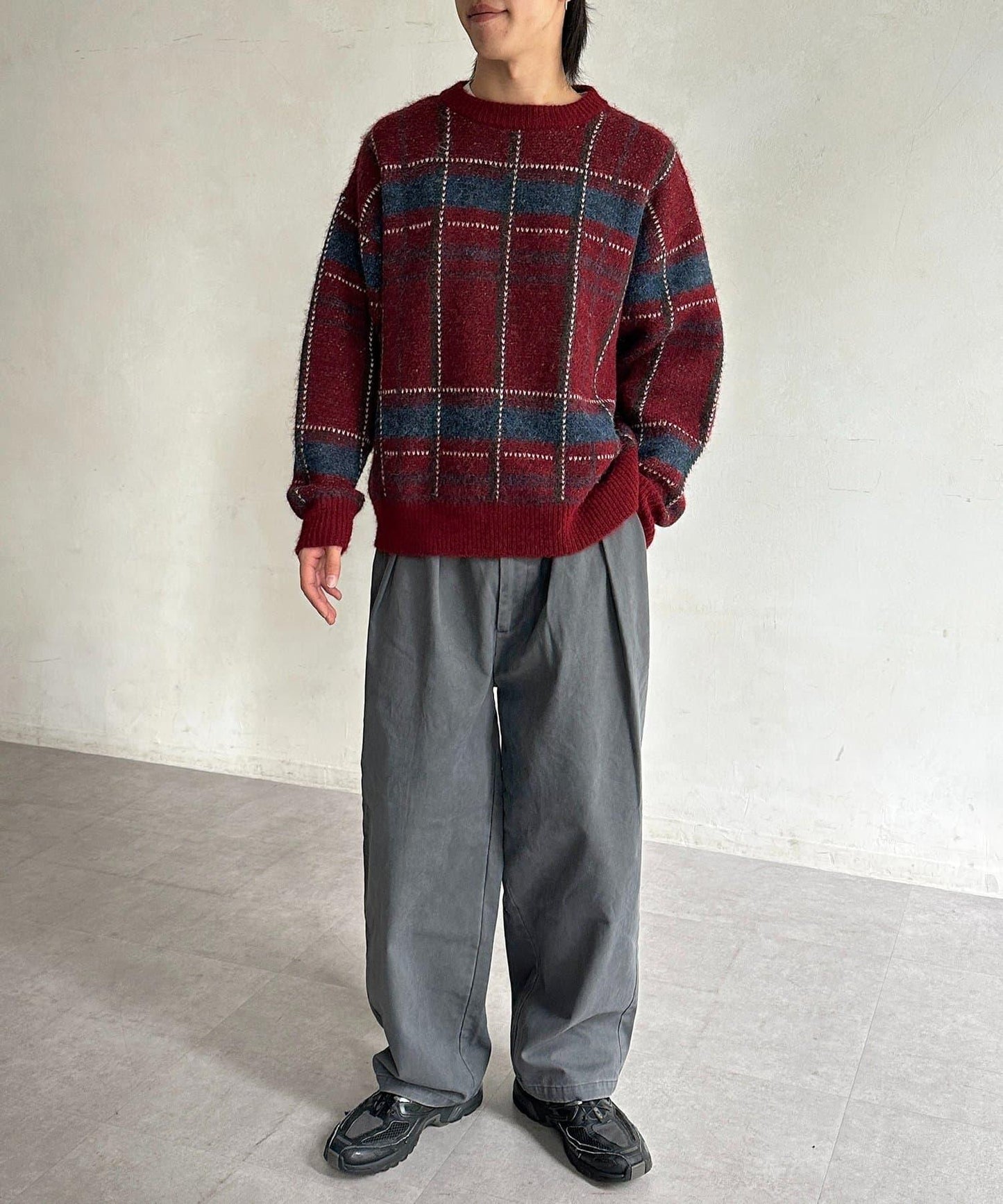 色素染斜紋寬鬆褶皺長褲