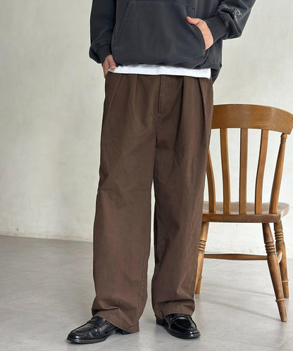 色素染斜紋寬鬆褶皺長褲