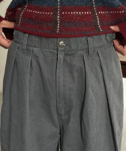 色素染斜紋寬鬆褶皺長褲