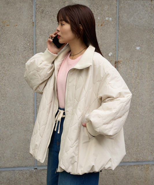 拼接絎縫立領燈籠袖夾克