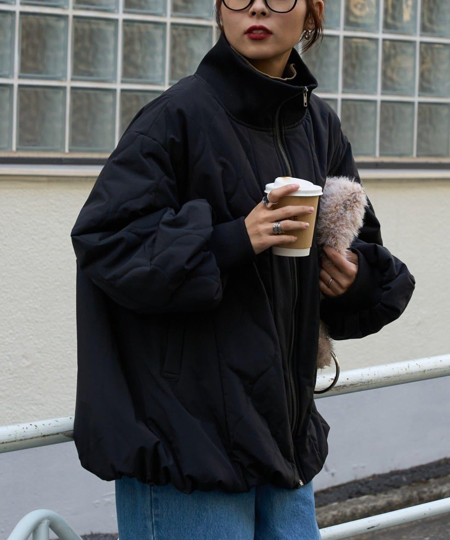 拼接絎縫立領燈籠袖夾克