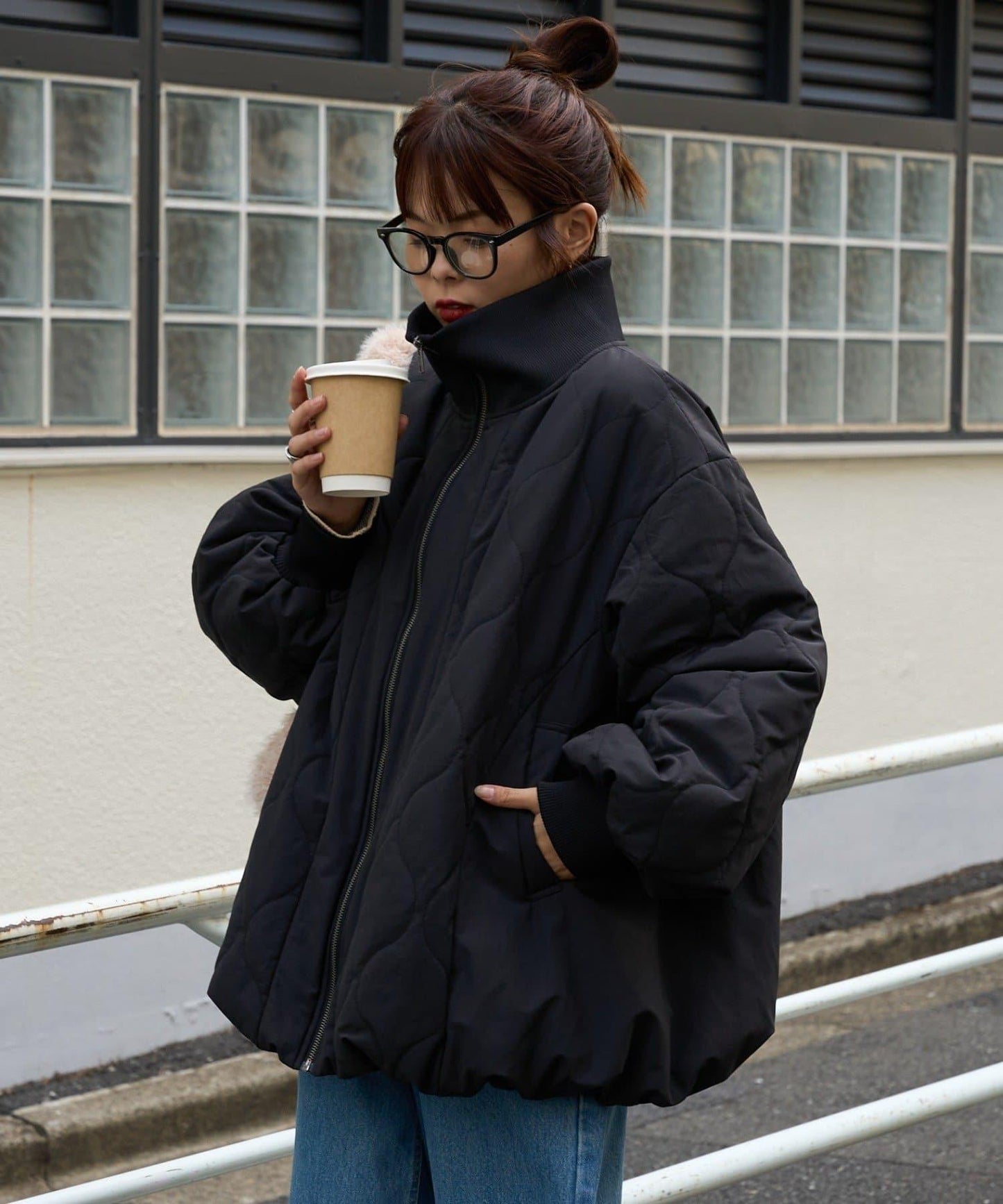 拼接絎縫立領燈籠袖夾克