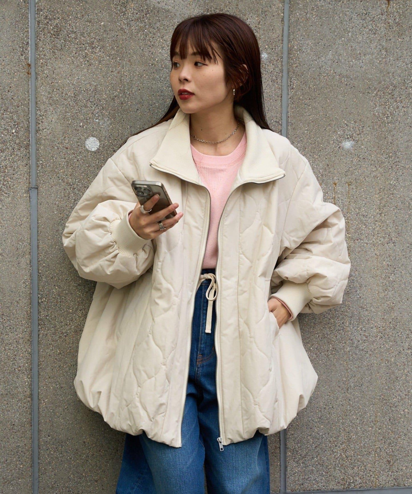 拼接絎縫立領燈籠袖夾克