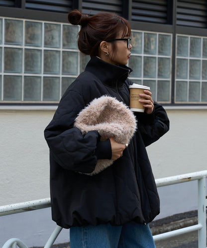 拼接絎縫立領燈籠袖夾克