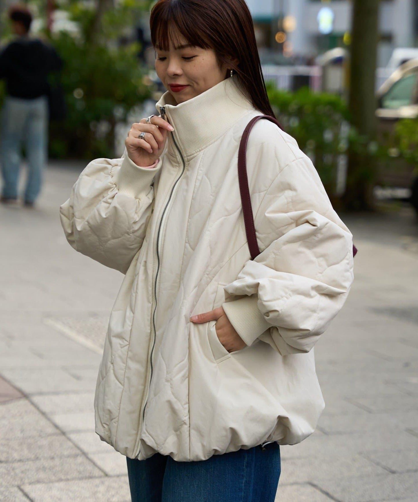 拼接絎縫立領燈籠袖夾克