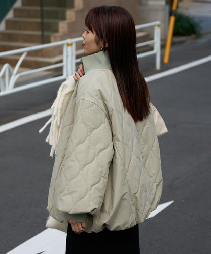 拼接絎縫立領燈籠袖夾克