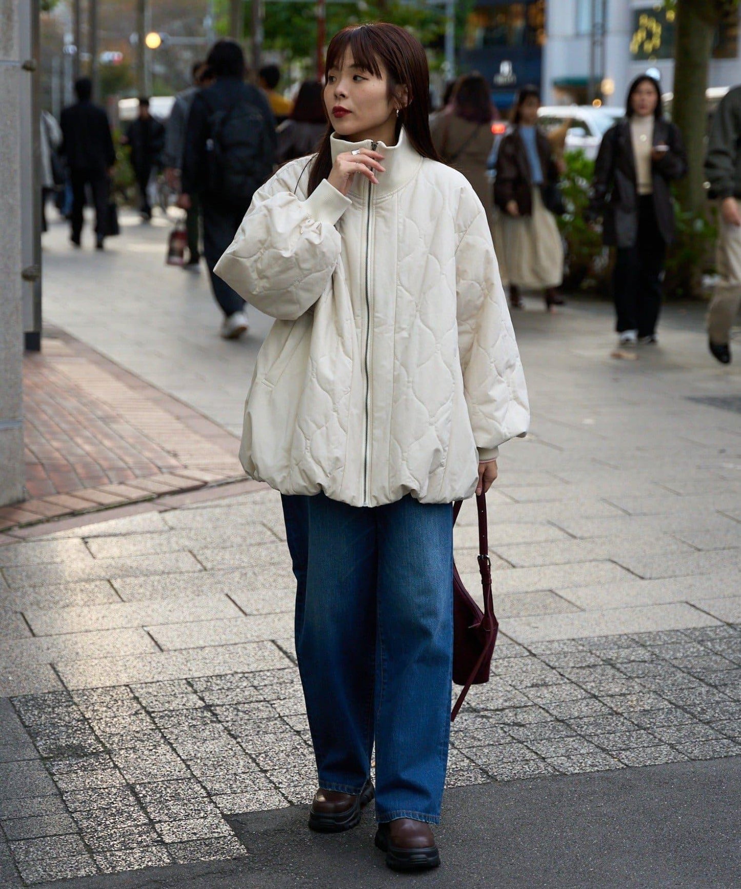 拼接絎縫立領燈籠袖夾克