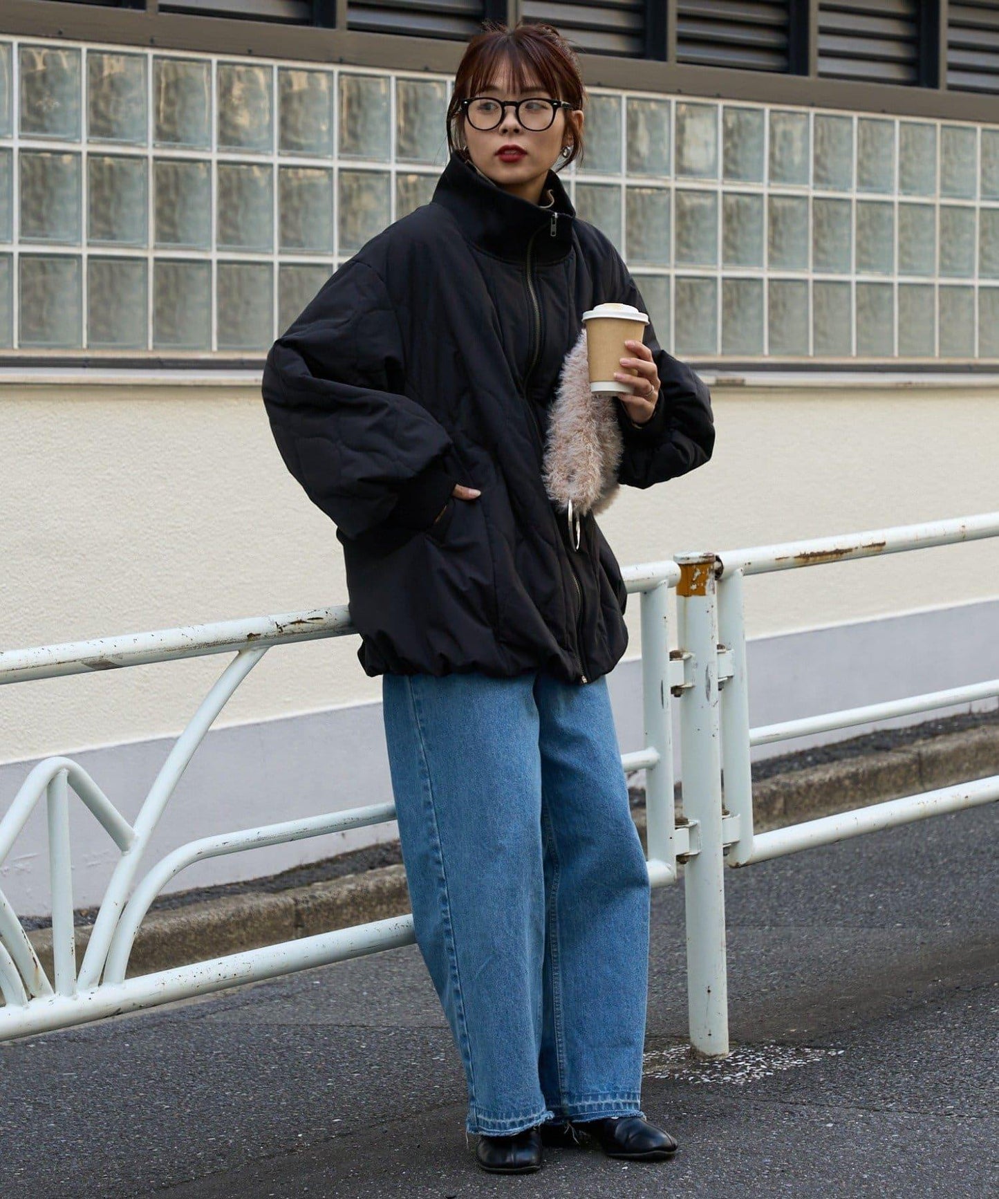 拼接絎縫立領燈籠袖夾克