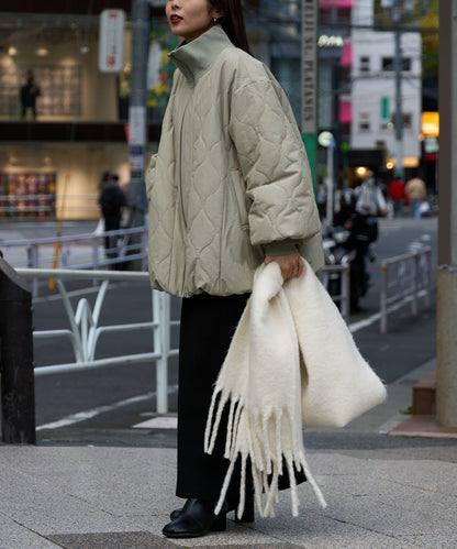 拼接絎縫立領燈籠袖夾克