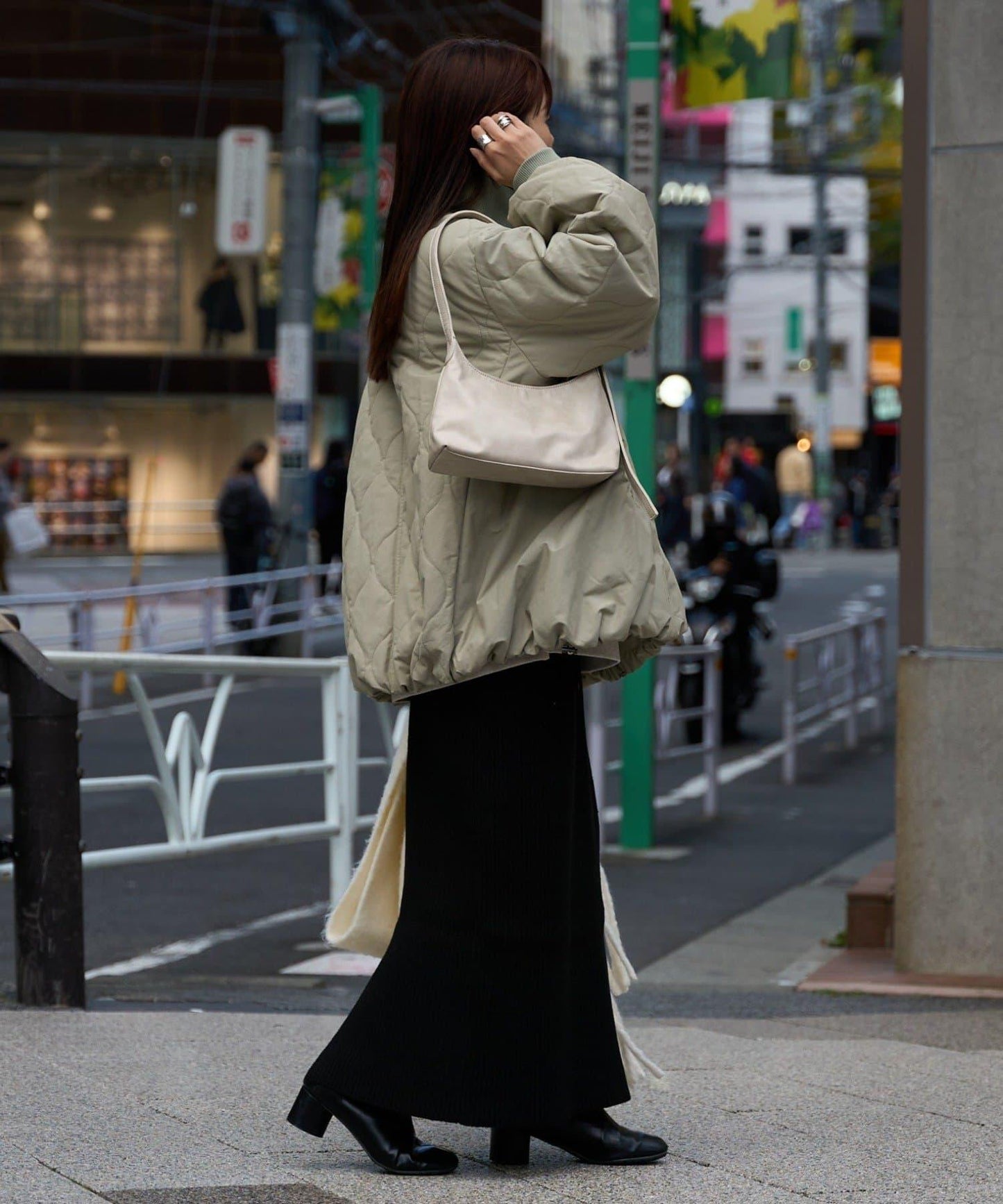 拼接絎縫立領燈籠袖夾克