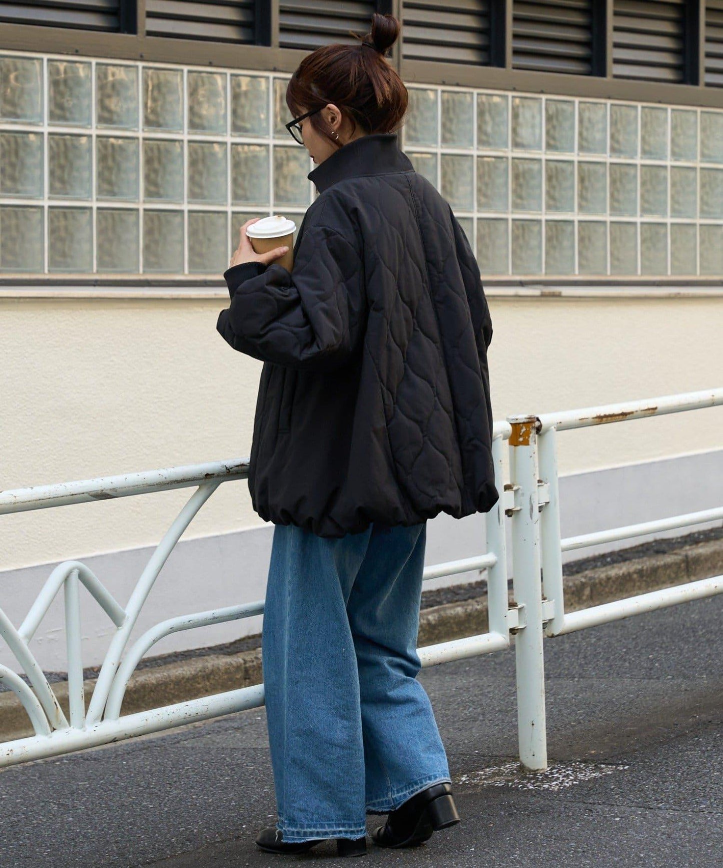 拼接絎縫立領燈籠袖夾克