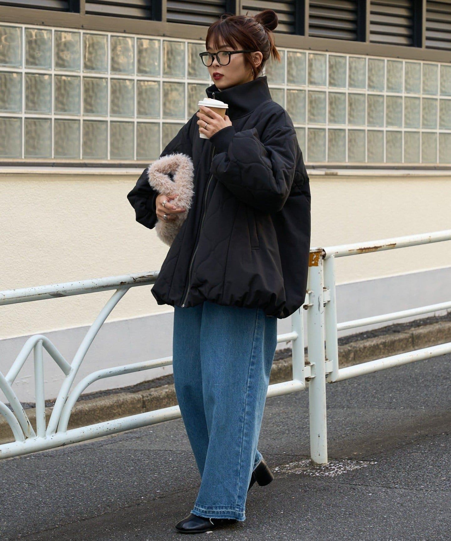 拼接絎縫立領燈籠袖夾克