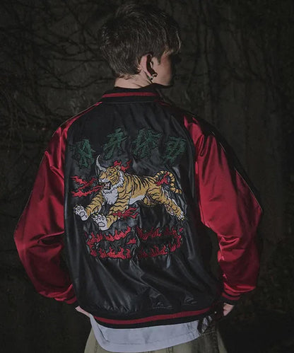 NOT4NERD/ノットフォーナード/虎頭刺繡緞面棒球夾克