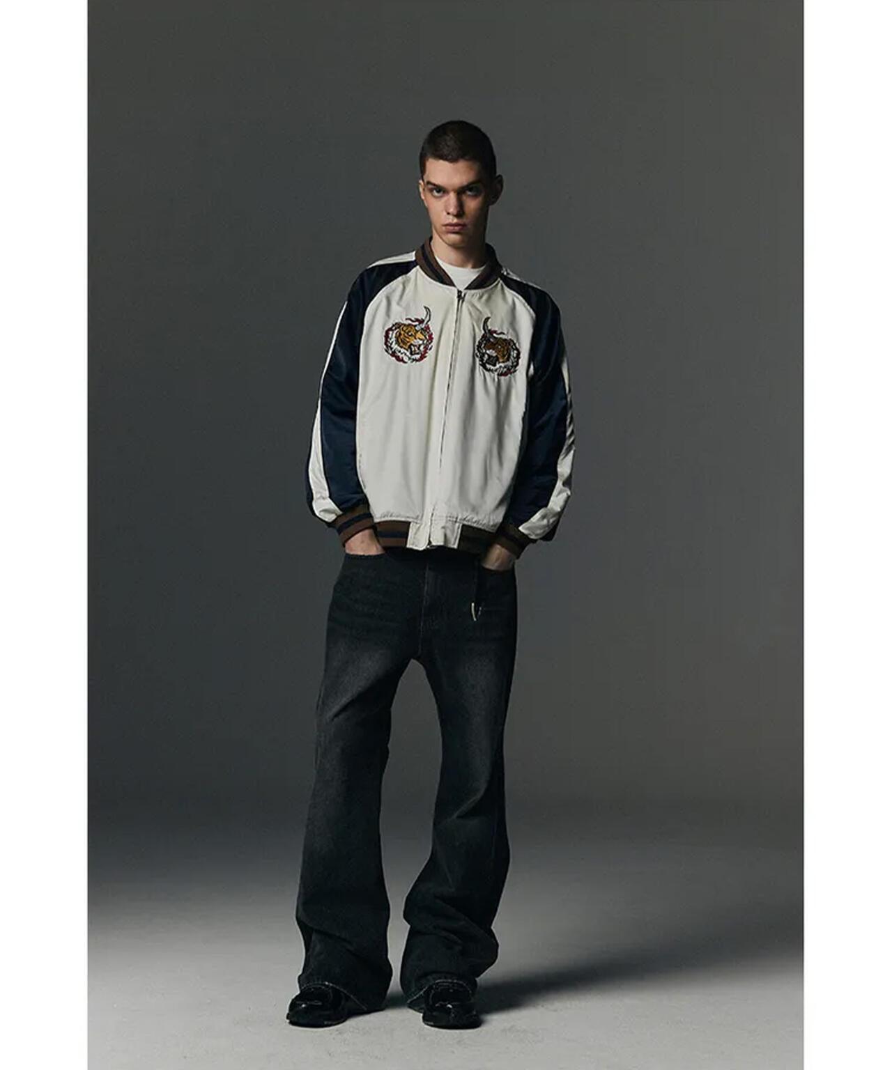 NOT4NERD/ノットフォーナード/虎頭刺繡緞面棒球夾克