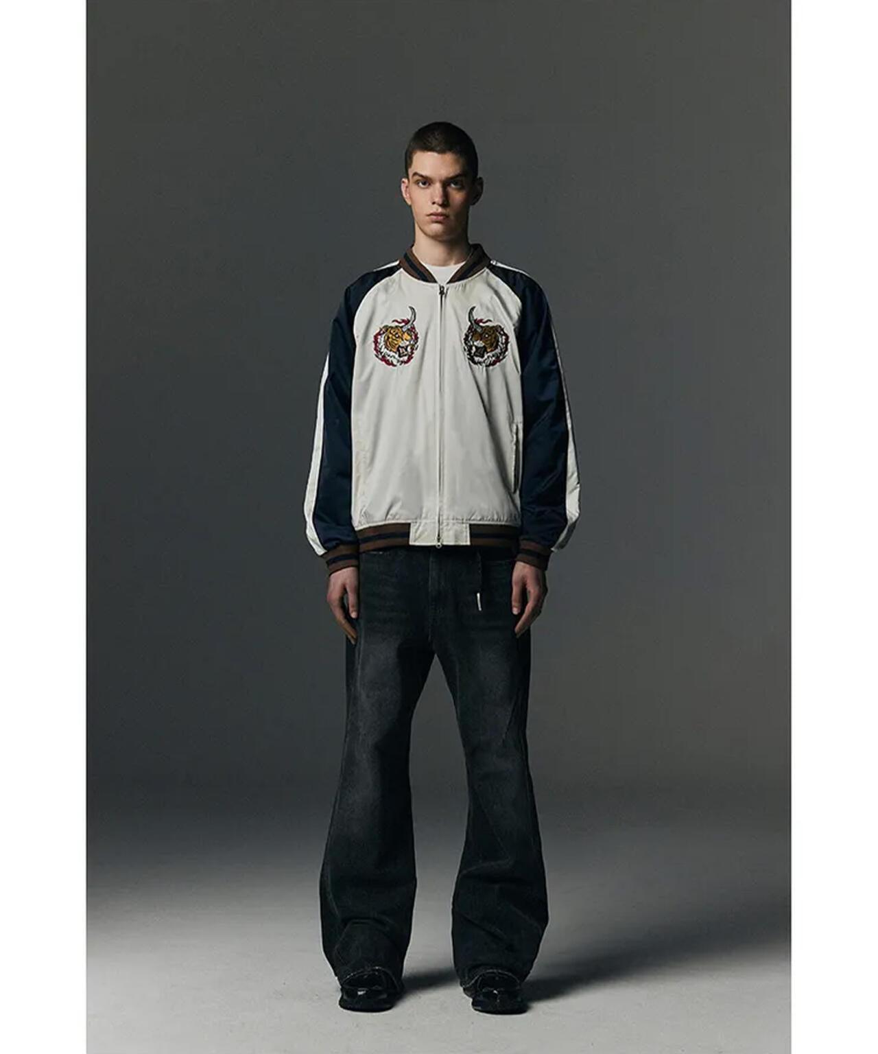 NOT4NERD/ノットフォーナード/虎頭刺繡緞面棒球夾克