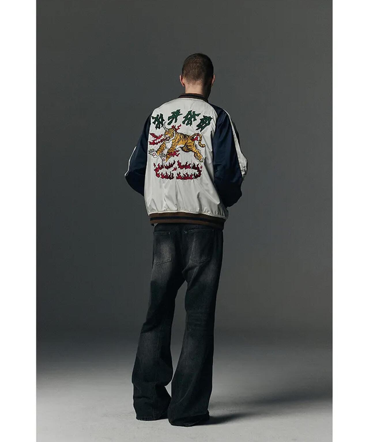 NOT4NERD/ノットフォーナード/虎頭刺繡緞面棒球夾克