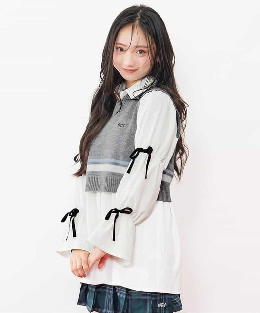 針織背心&蝴蝶結迷你連衣裙套裝