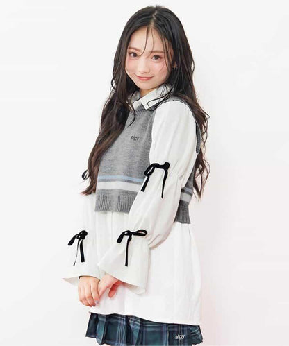 針織背心&蝴蝶結迷你連衣裙套裝