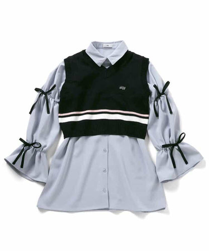 針織背心&蝴蝶結迷你連衣裙套裝