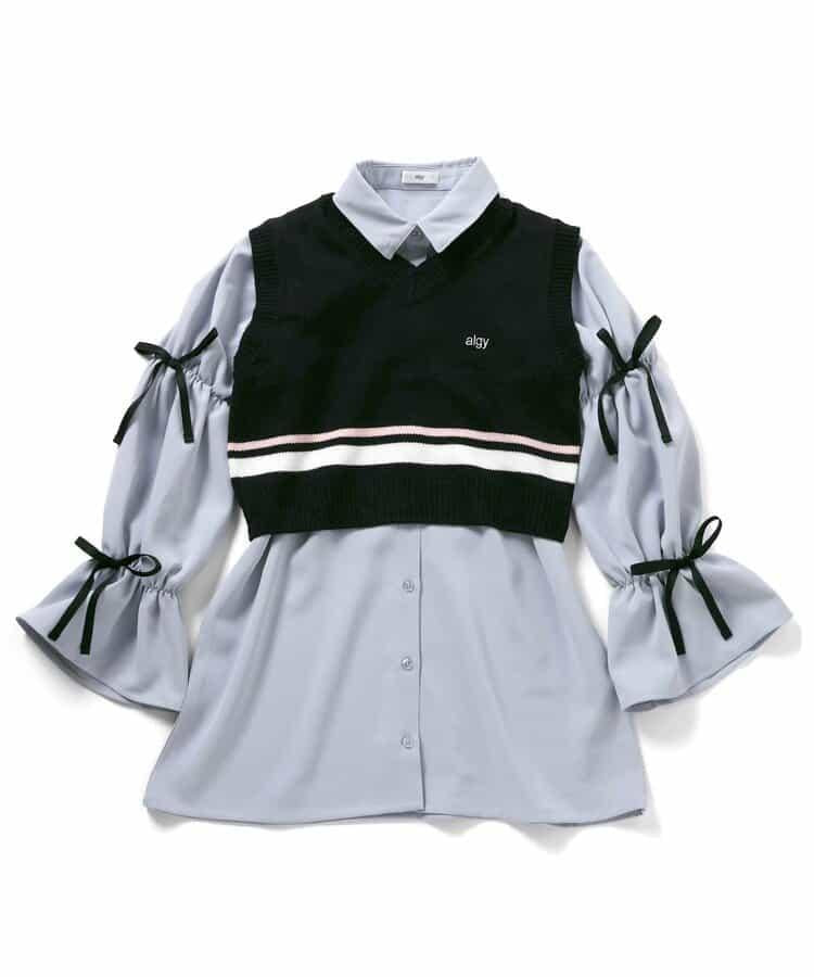 針織背心&蝴蝶結迷你連衣裙套裝