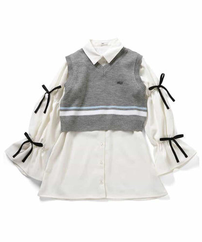 針織背心&蝴蝶結迷你連衣裙套裝