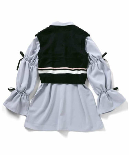 針織背心&蝴蝶結迷你連衣裙套裝