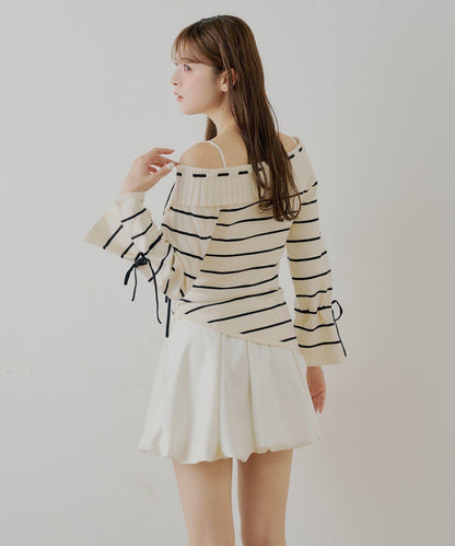 單肩針織衫+泡泡袖連衣裙套裝