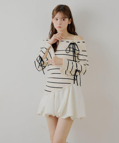 單肩針織衫+泡泡袖連衣裙套裝