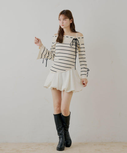 單肩針織衫+泡泡袖連衣裙套裝