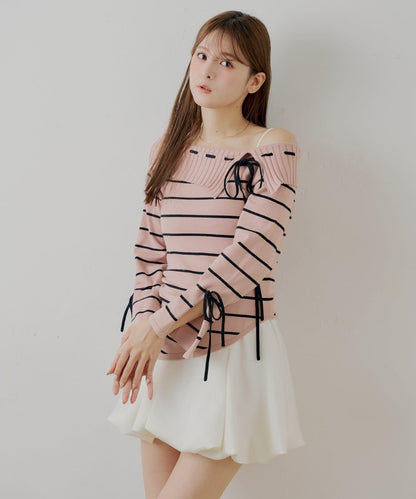 單肩針織衫+泡泡袖連衣裙套裝